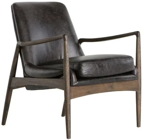 Olena Mid Century Black Upholstered Leather Brown Oak Wood Living Room Arm Chair