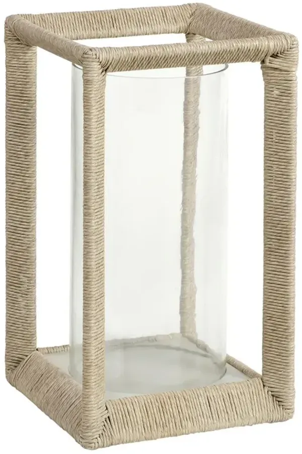 Palecek Marlow Coastal Oatmeal Beige Abaca Rope Clear Glass Hurricane - Large