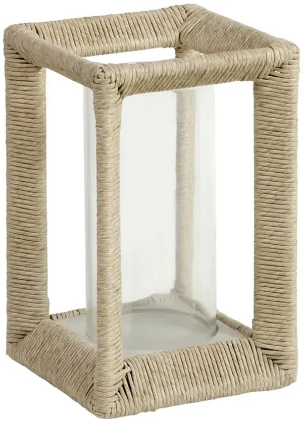 Palecek Marlow Coastal Oatmeal Beige Abaca Rope Clear Glass Hurricane - Small