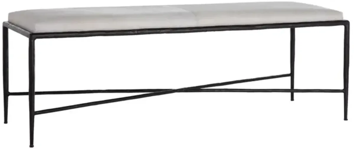 Devoe Industrial White Upholstered Hair On Hide Seat Gunmetal Bronze Iron Bench