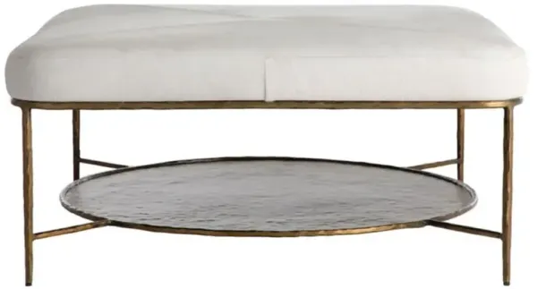 Laurie Regency White Upholstered Hair On Hide Iron Brass Frame Ottoman