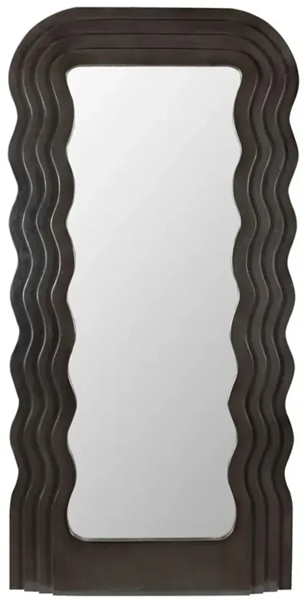 Quillon Modern Classic Black Mahogany Wood Wavy Rectangular Floor Mirror