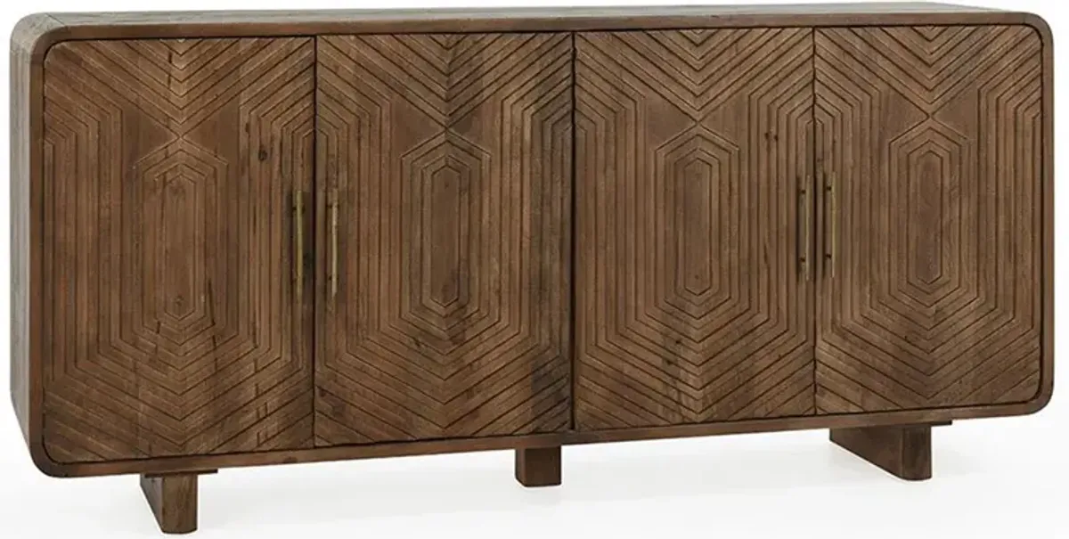 Sherwood Mid Century Modern Brown Mango Wood Patterned 4 Door Sideboard