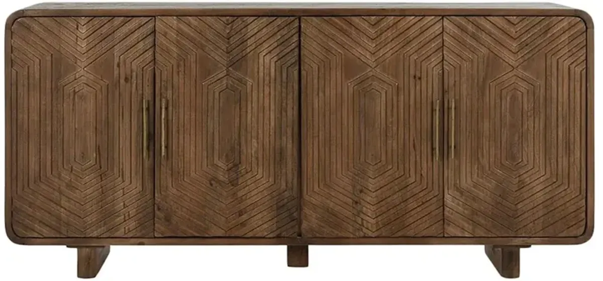 Sherwood Mid Century Modern Brown Mango Wood Patterned 4 Door Sideboard