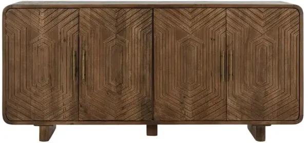 Sherwood Mid Century Modern Brown Mango Wood Patterned 4 Door Sideboard