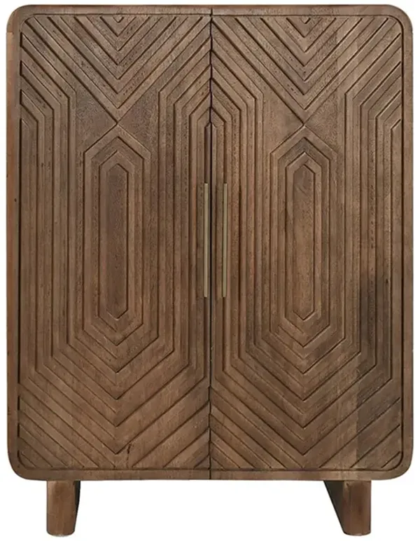 Sherwood Mid Century Modern Brown Mango Wood 2 Patterned Door Bar Cabinet