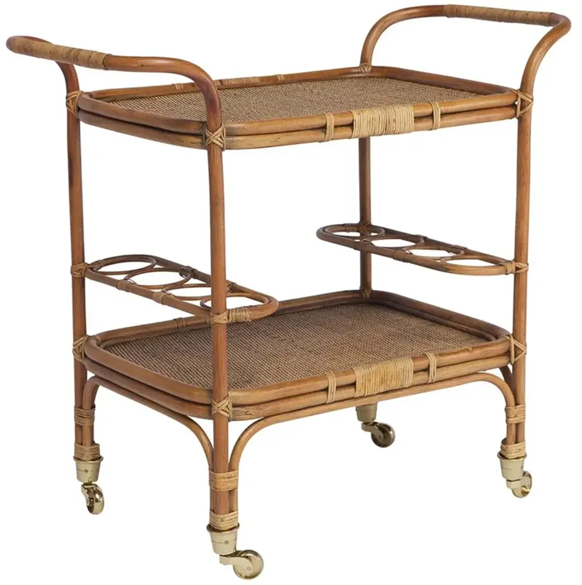 Minda Coastal Beach Antique Brown Rattan Woven Wicker Bar Cart