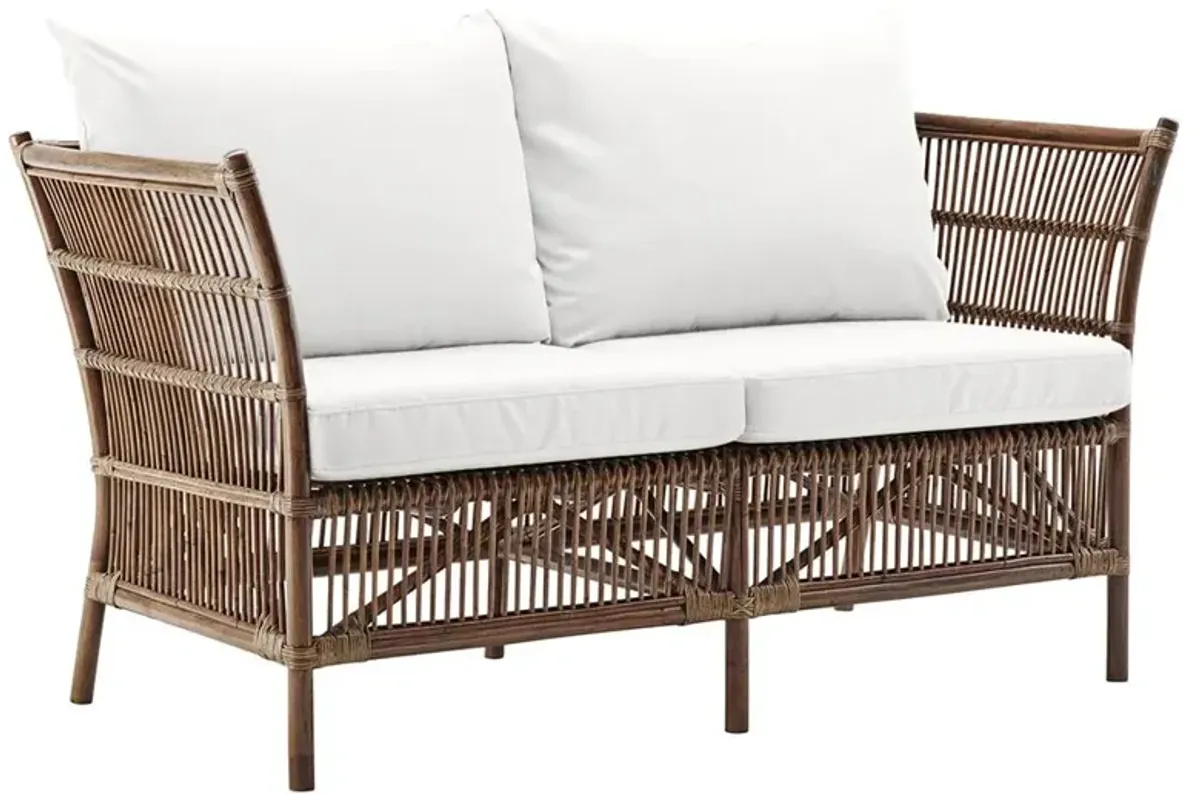 Sydney Coastal Beach White Performance Cushion Antique Brown Rattan Sofa - 57.1"W