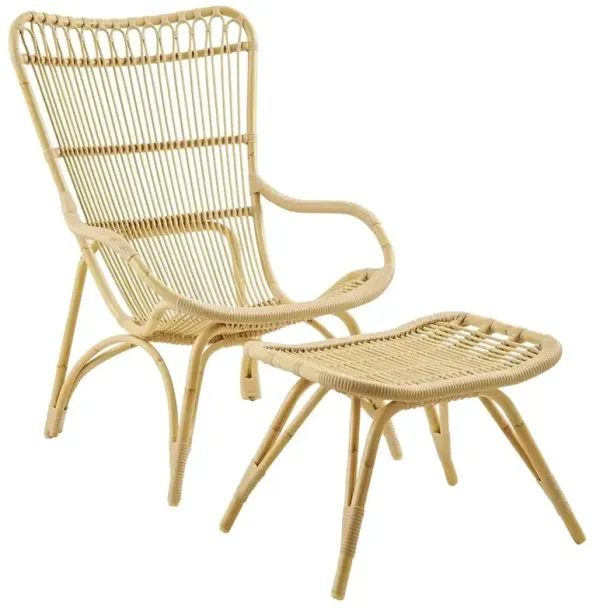 Alexis Coastal Beach Natural Brown Woven Rattan Frame Arm Chair and Stool