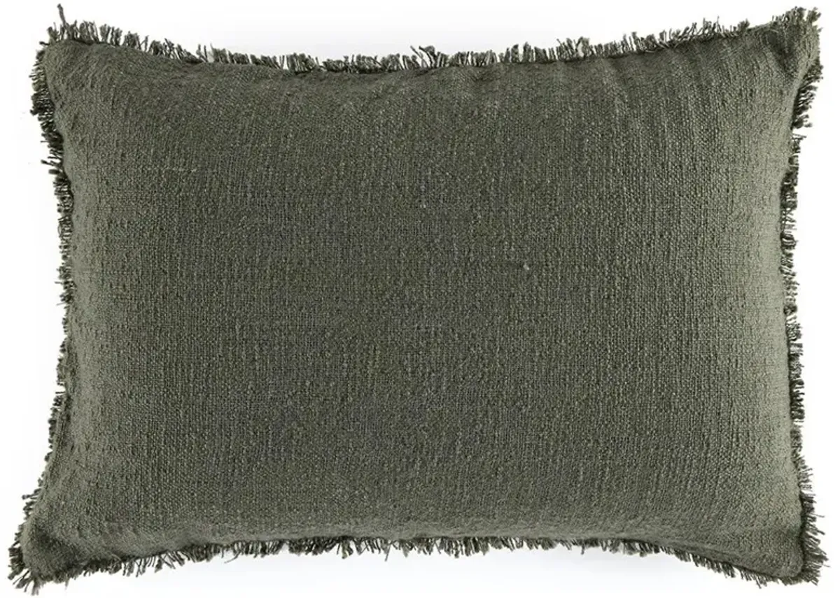 Thara Coastal Beach Olive Green Fringed Indoor Outdoor Lumbar Pillow - 16x24