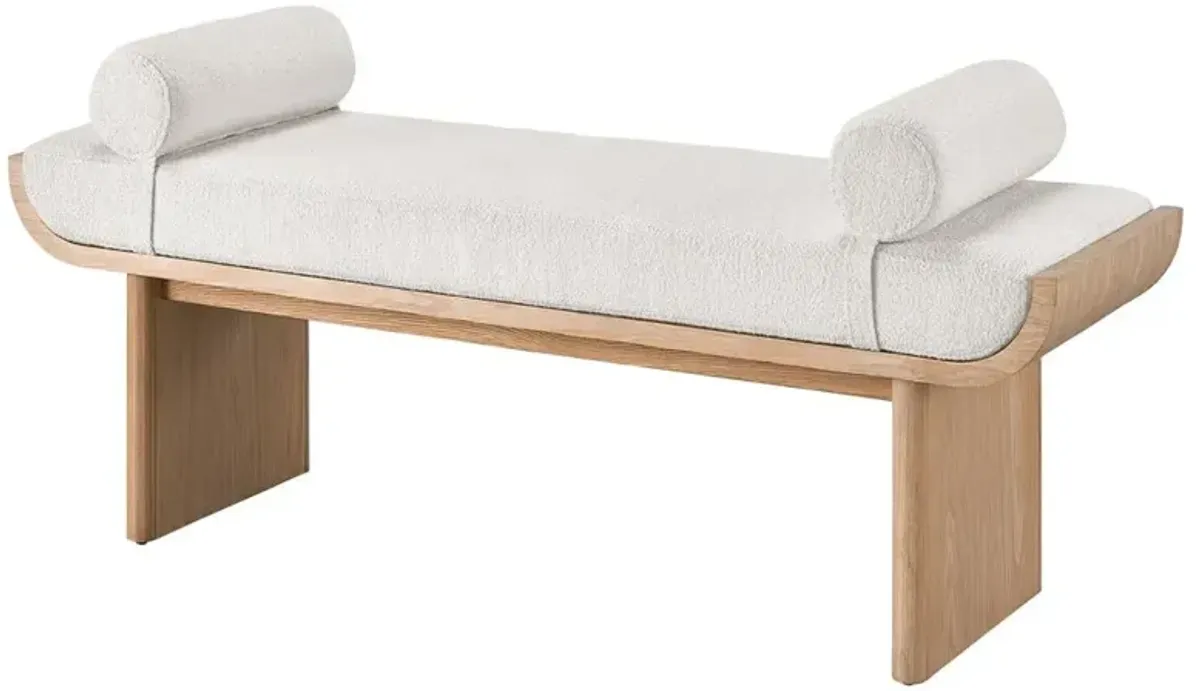 Noelle Modern White Upholstered Fabric Light Brown Wood Bedroom Bench