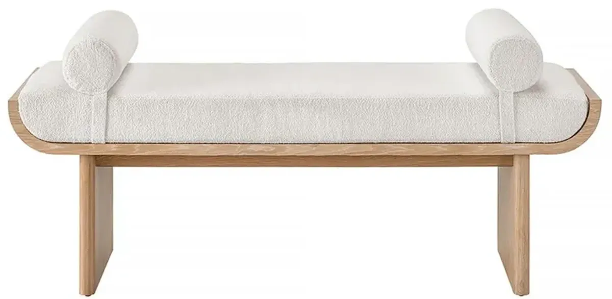 Noelle Modern White Upholstered Fabric Light Brown Wood Bedroom Bench