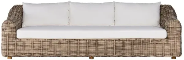 Celina Coastal White Cushion Woven Wicker Natural Teak Wood Outdoor Sofa - 106"