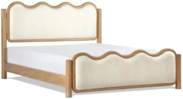 Stella Modern Natural Oak Wood Frame Cream Boucle Upholstered Wavy Bed - Queen