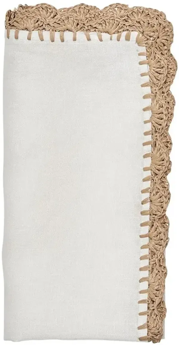 Ida Shell Edge Coastal White Linen Raffia Trim Napkin - Set of 4