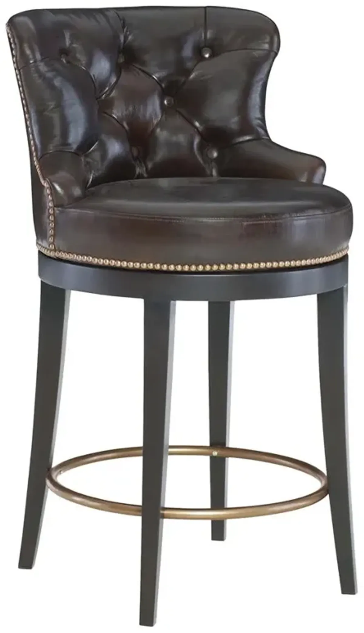 Century Forte Rustic Dark Brown Leather Tufted Nailhead Swivel Counter Stool
