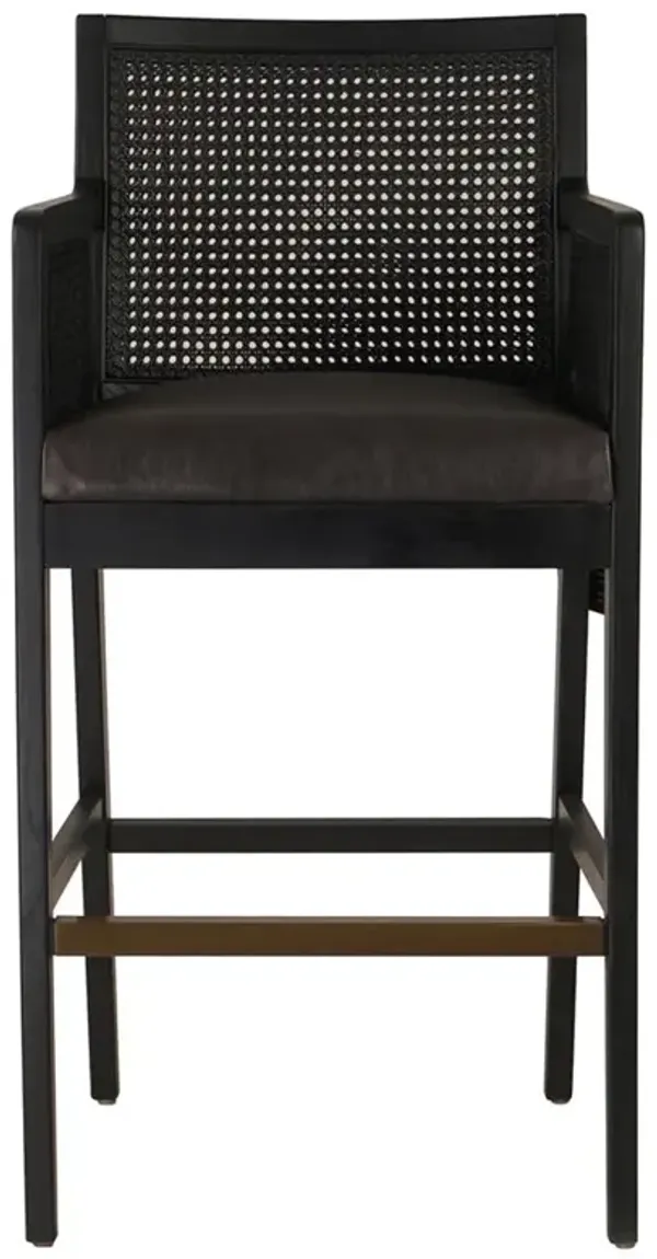 Annette Coastal Beach Black Leather Ebony Oak Wood Counter Stool