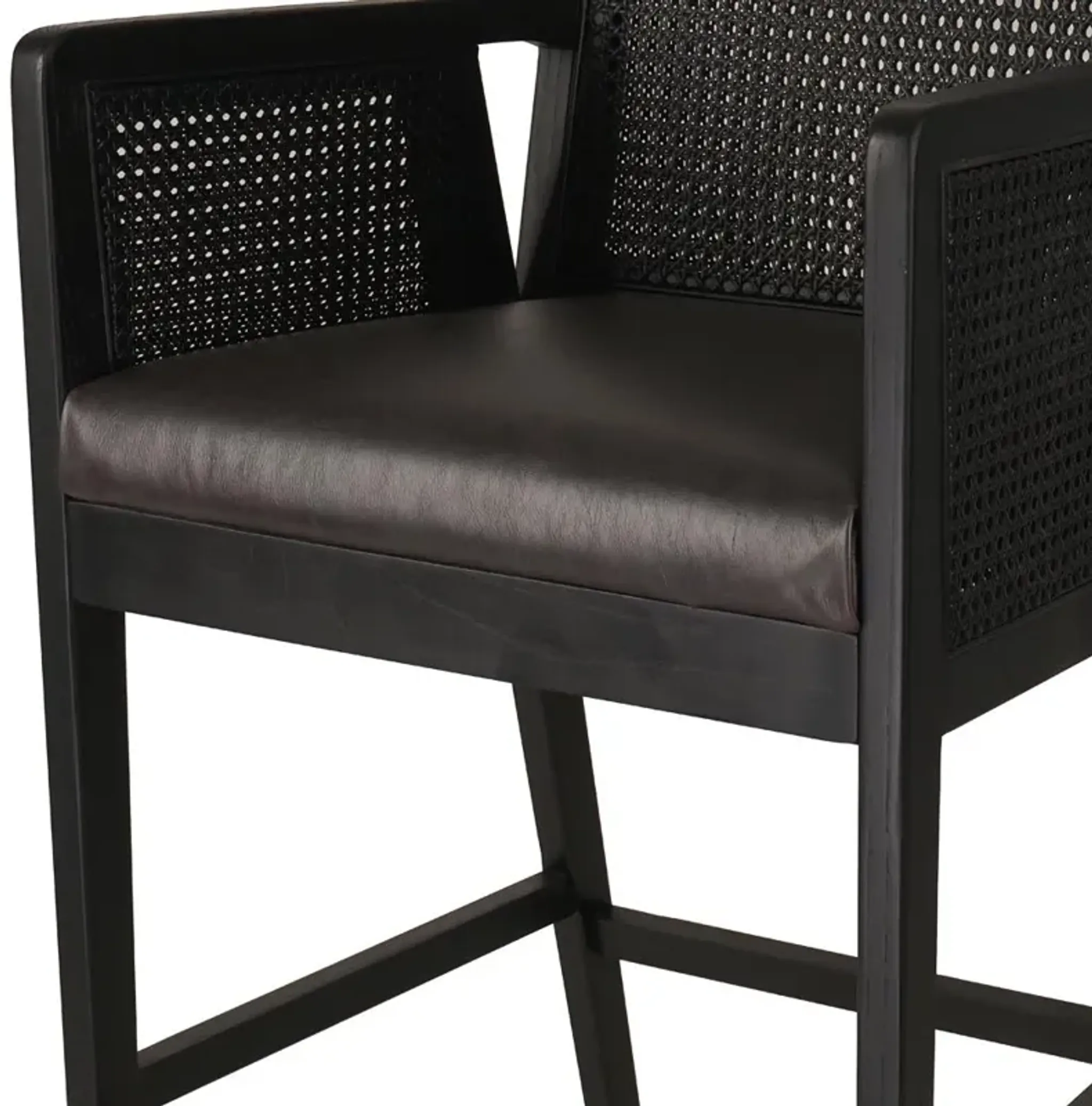 Annette Coastal Beach Black Leather Ebony Oak Wood Bar Stool Kathy Kuo ...