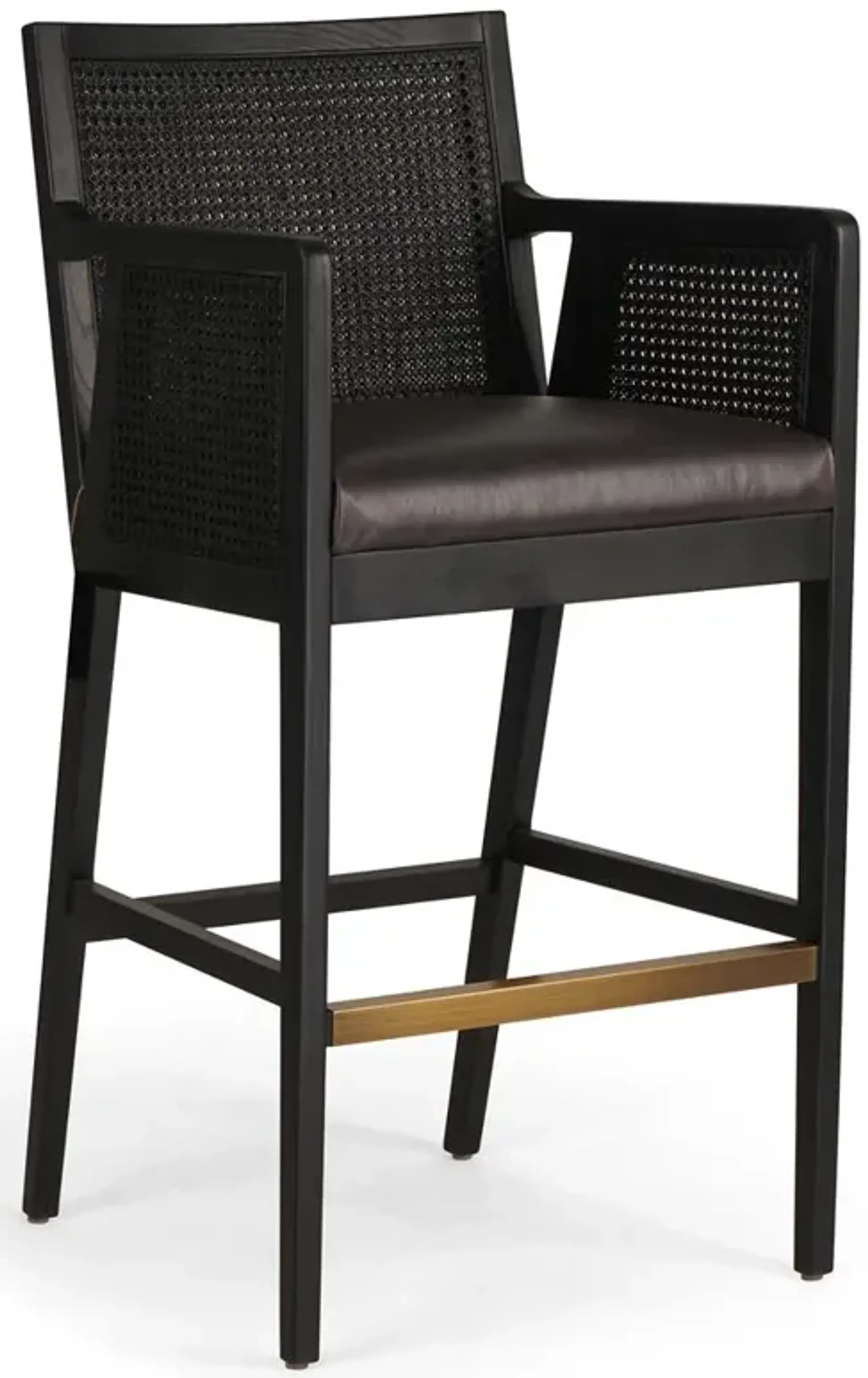 Annette Coastal Beach Black Leather Ebony Oak Wood Bar Stool Kathy Kuo ...