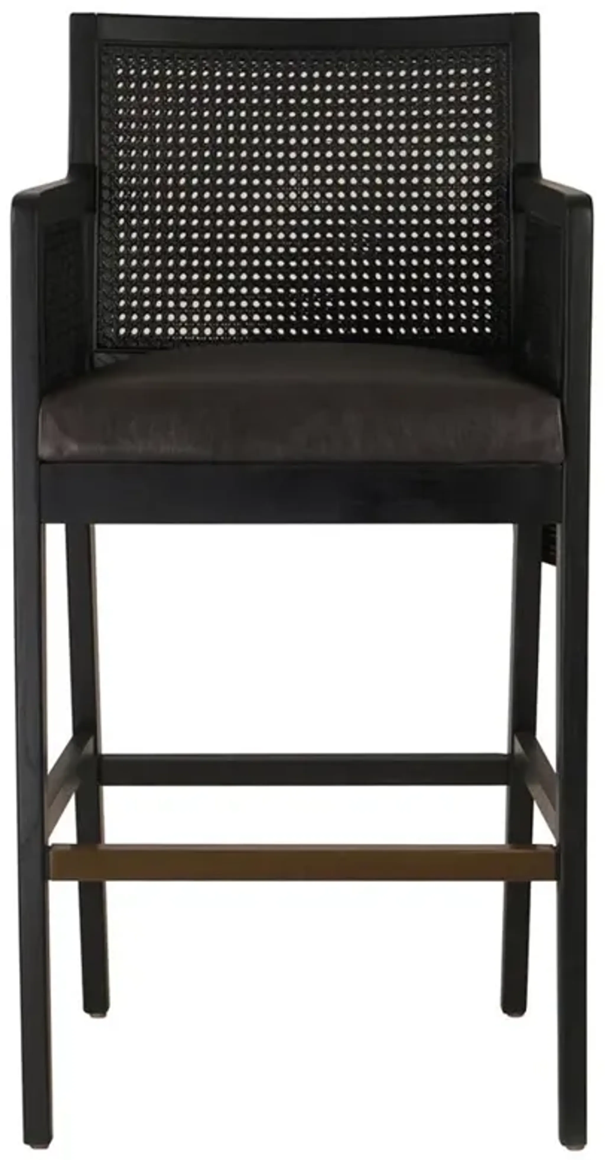 Annette Coastal Beach Black Leather Ebony Oak Wood Bar Stool Kathy Kuo ...
