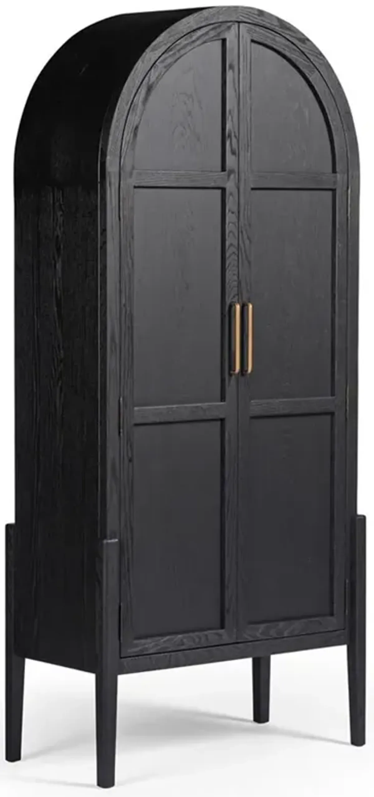 Ivan Mid Century Modern Black Oak Wood Brass Iron 2 Door Arched China Cabinet