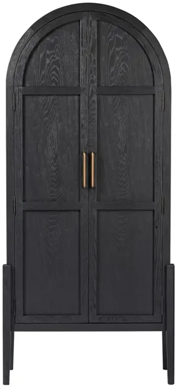 Ivan Mid Century Modern Black Oak Wood Brass Iron 2 Door Arched China Cabinet