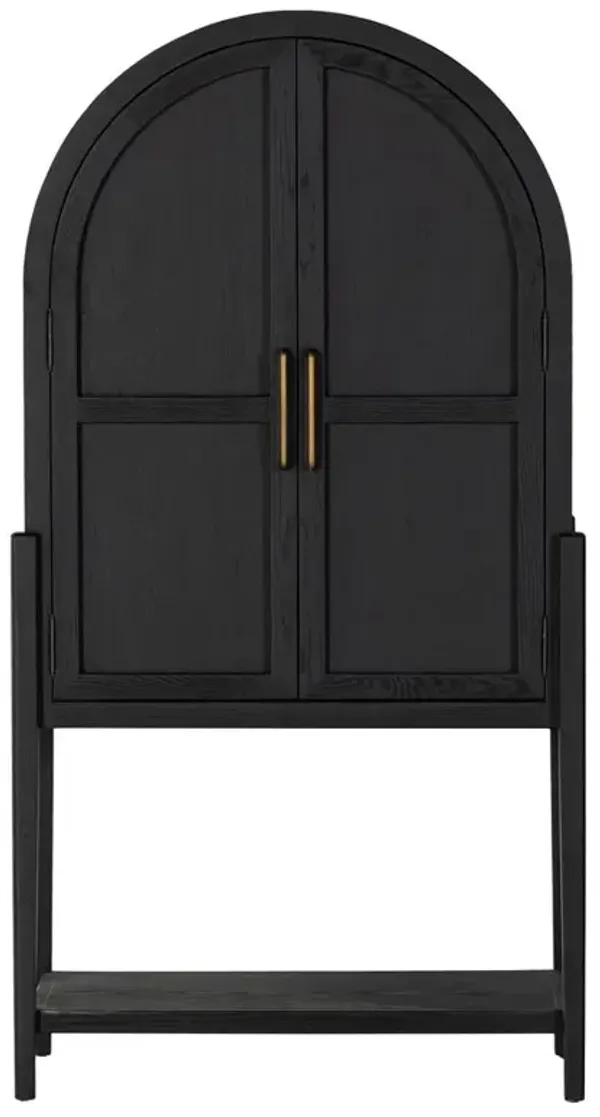 Ivan Mid Century Modern Black Oak Wood Brass Iron 2 Door Bar Cabinet