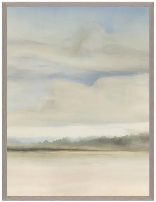 Misty French Country Blue Sky Neutral Landscape Grey Frame Painting I - 40x30