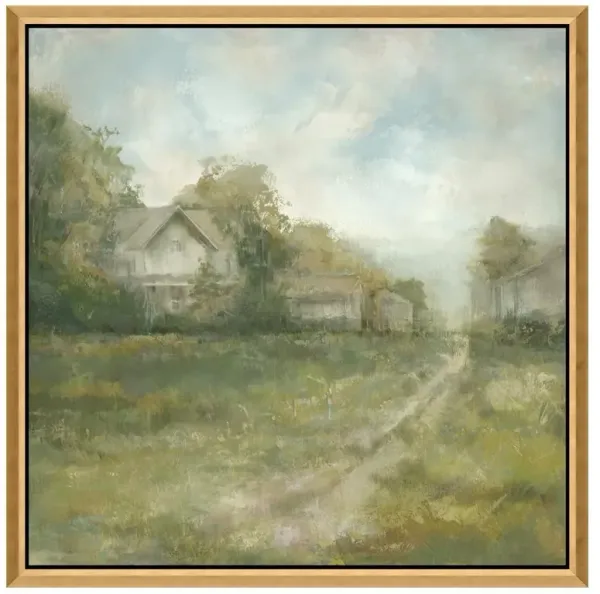 Belle French Country Green Countryside Landscape Gold Frame Painting II - 40x40
