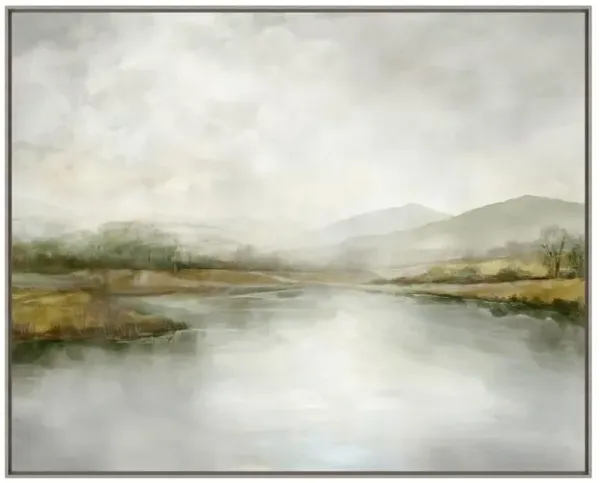Dawn French Country White Lake Green Landscape Grey Frame Painting - 40x53