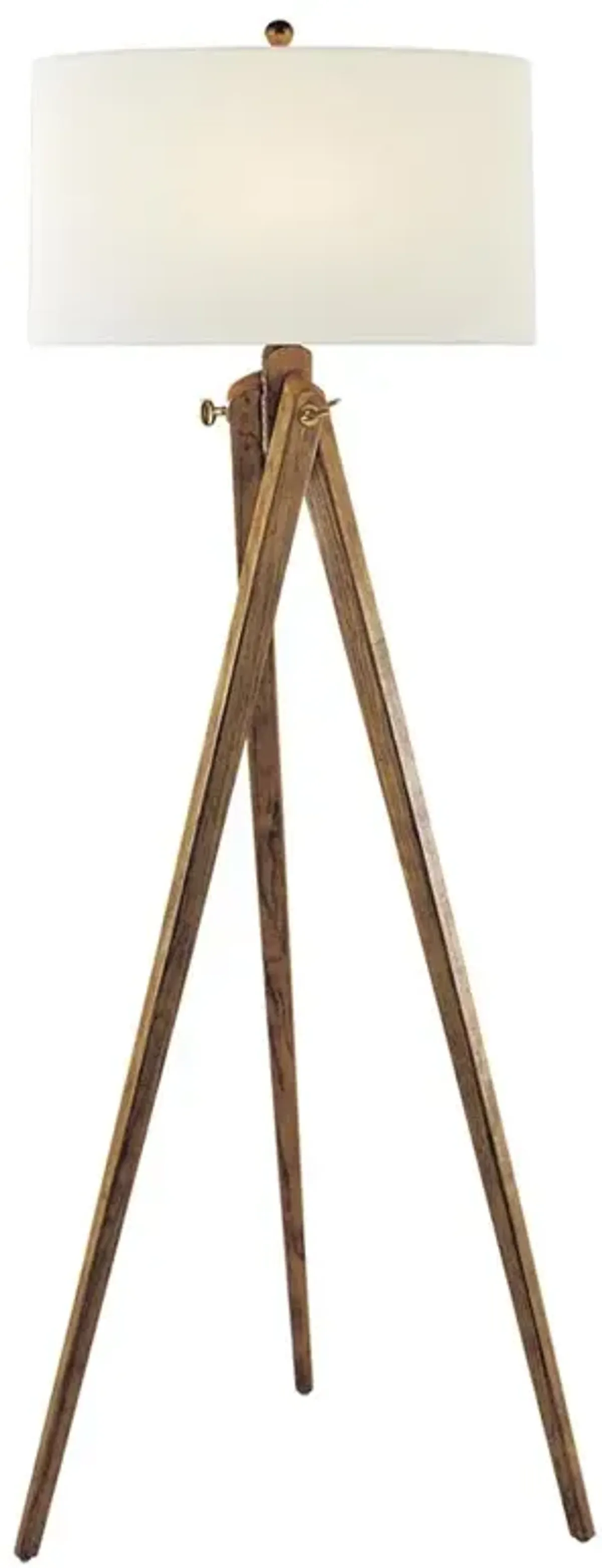 Visual Comfort Tripod Industrial Loft French Wax Wood Linen Shade Floor Lamp