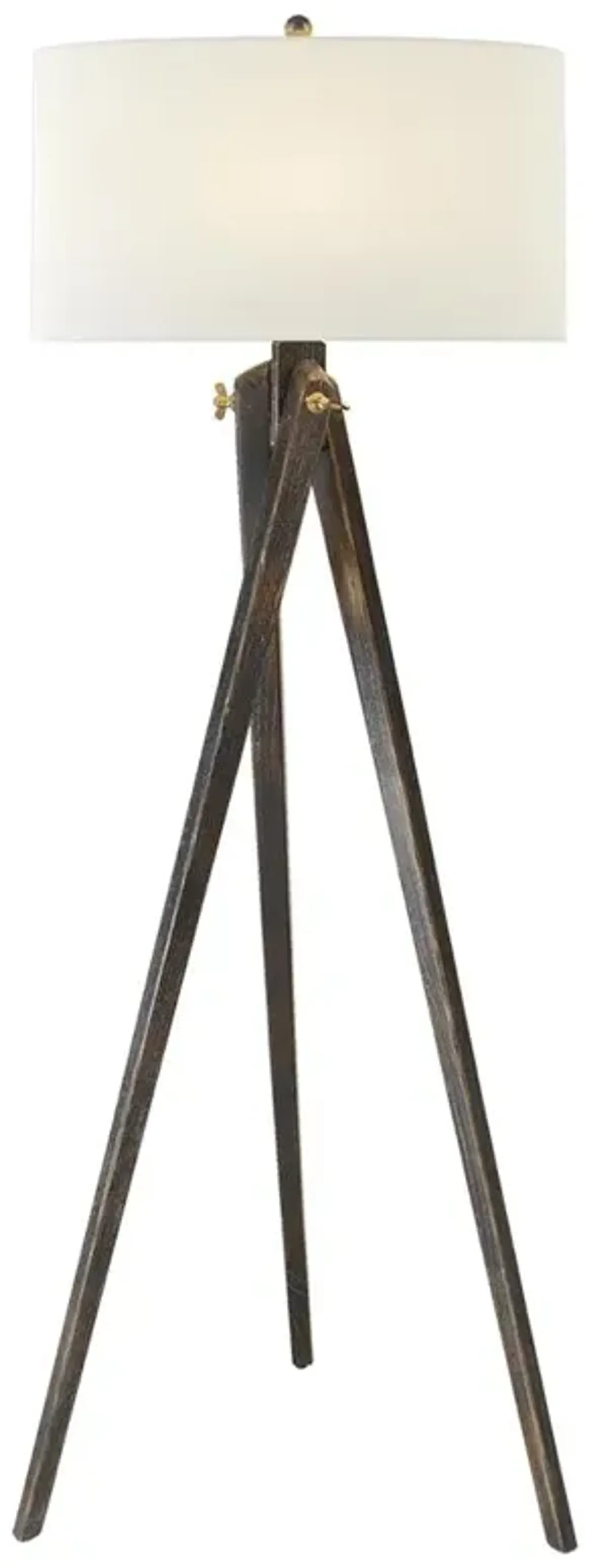 Visual Comfort Tripod Industrial Loft Tudor Brown Wood Linen Shade Floor Lamp