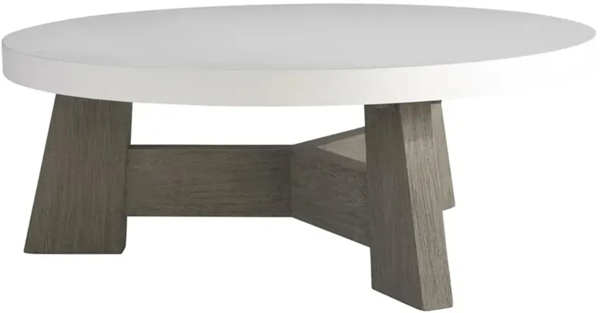Angela Coastal White Concrete Top Grey Teak Frame Round Outdoor Coffee Table