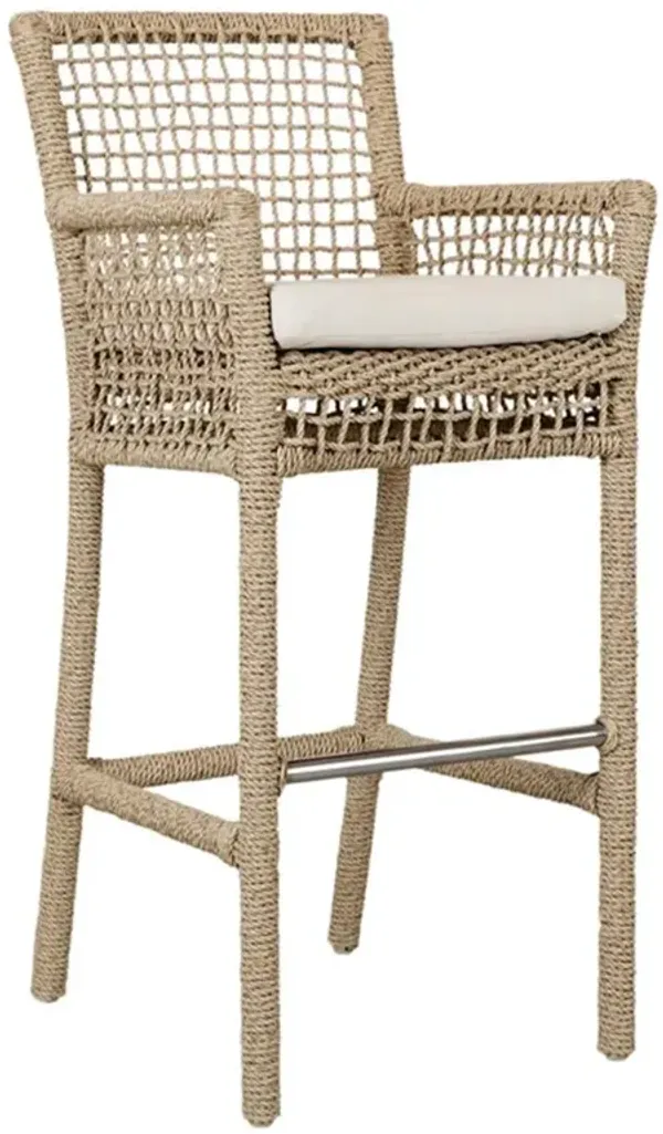 Sonia Coastal Beach White Upholstered Brown Woven Rope Outdoor Bar Stool