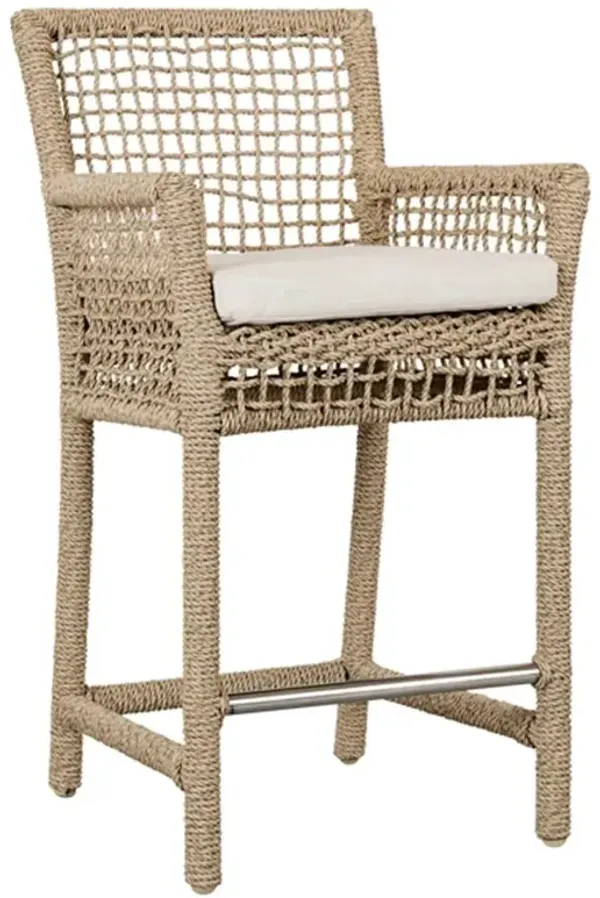 Sonia Coastal Beach White Upholstered Brown Woven Rope Outdoor Counter Stool