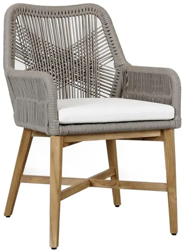 Winslow Coastal Beach White Upholstered Grey Woven Rope Outdoor Dining Arm Chair