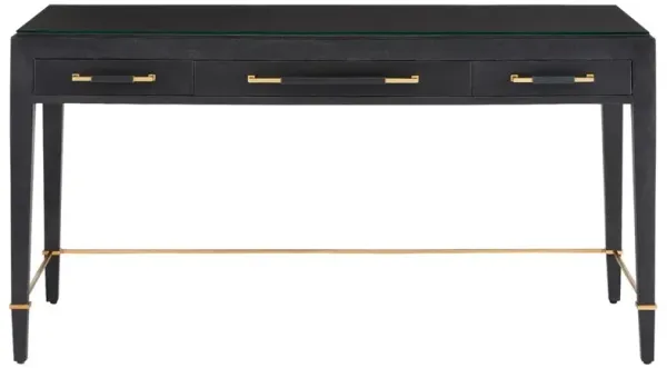 Audrina Rustic Lodge Black Lacquered Linen Mahagony Wood 3 Drawer Desk