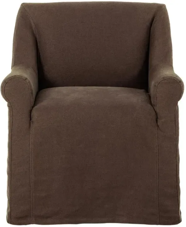 Fiona French Country Brown Upholstered Linen Slipcovered Dining Arm Chair