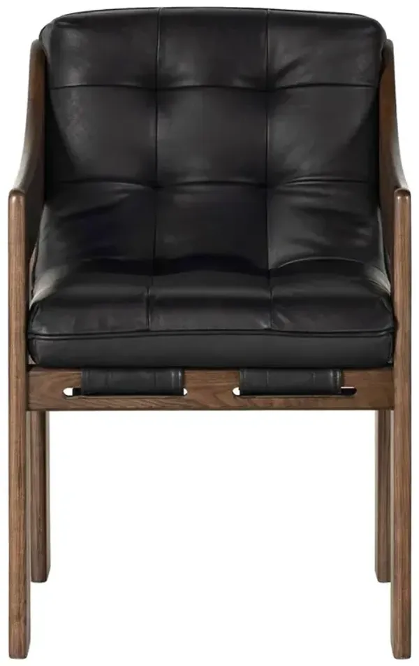 Hadley Rustic Lodge Black Upholstered Leather Brown Wood Tufted Dining Arm Chair