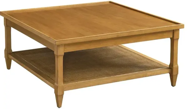 Temple Coastal Brown Wood Top Woven Cane 2 Tier Square Coffee Table