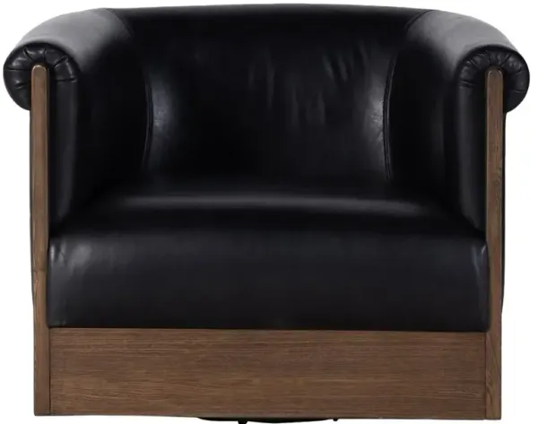 Cole Rustic Lodge Black Upholstered Leather Brown Wood Barrel Swivel Club Chair