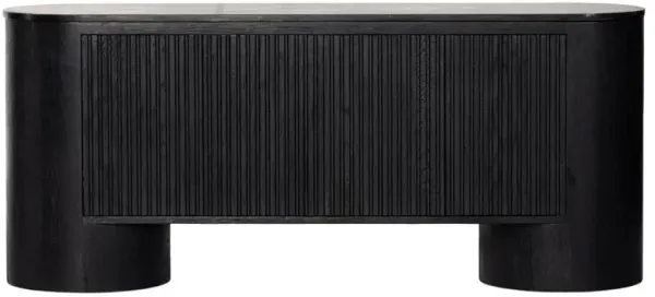 Graham Mid Century Black Marble Top Oak Wood 4 Door Media Cabinet