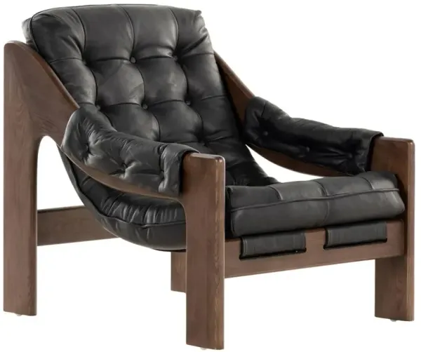 Hadley Rustic Black Upholstered Leather Brown Wood Tufted Occasional Arm Chair