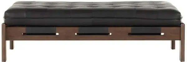 Hadley Black Upholstered Leather Brown Wood Rectangular Tufted Cocktail Ottoman