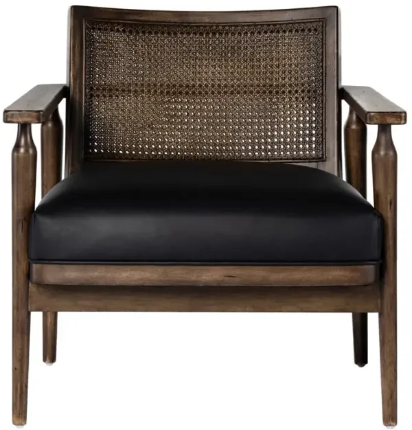 Xander Rustic Lodge Brown Woven Cane Black Leather Seat Occasional Arm Chair