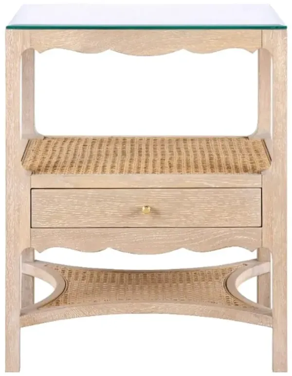Arianna French Country Sand Oak Wood Glass Top Cane Nightstand