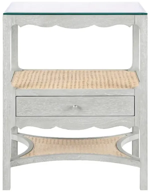 Arianna French Country Grey Oak Wood Glass Top Cane Nightstand