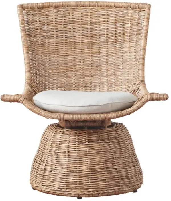 Quinn Coastal Brown Wicker Rattan White Linen Cushion Swivel Chair