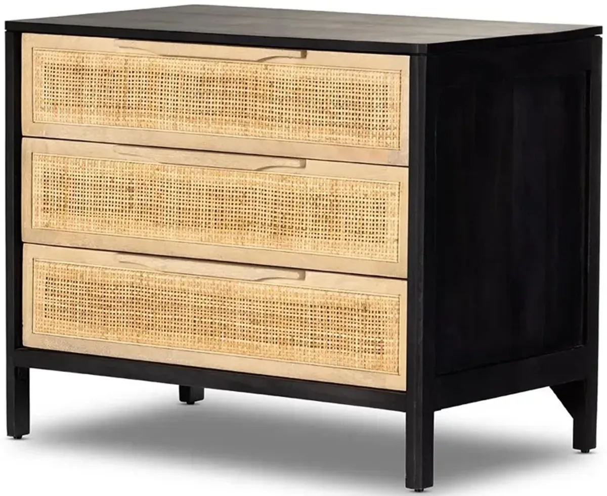Rhian Coastal Beach Black Mango Wood Woven Cane 3 Drawer Nightstand
