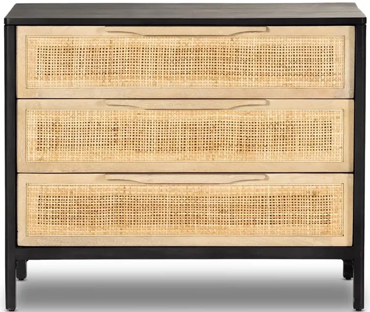 Rhian Coastal Beach Black Mango Wood Woven Cane 3 Drawer Nightstand